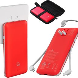 10000mAh Portable Charger, Slim USB B C Power Bank,4 Output External Battery Pack with Built-in AC Wall Plug Micro and USB C Three Cables Compatible with All mobilephone