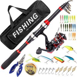 I00000 Fishing Rod and Reel Combos with Fiberglass Telescopic Fishing Pole - Spinning Reel Fishing Carrier Bag, Freshwater and Saltwater Fishing Rod Kit,Travel Fishing Kit for Bass Trout